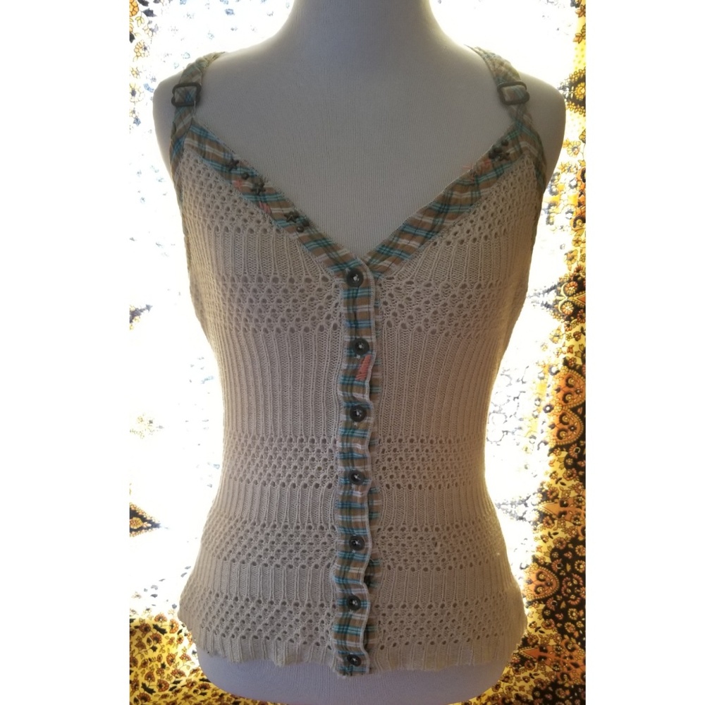 Free People Crochet Top w/ Plaid Trim